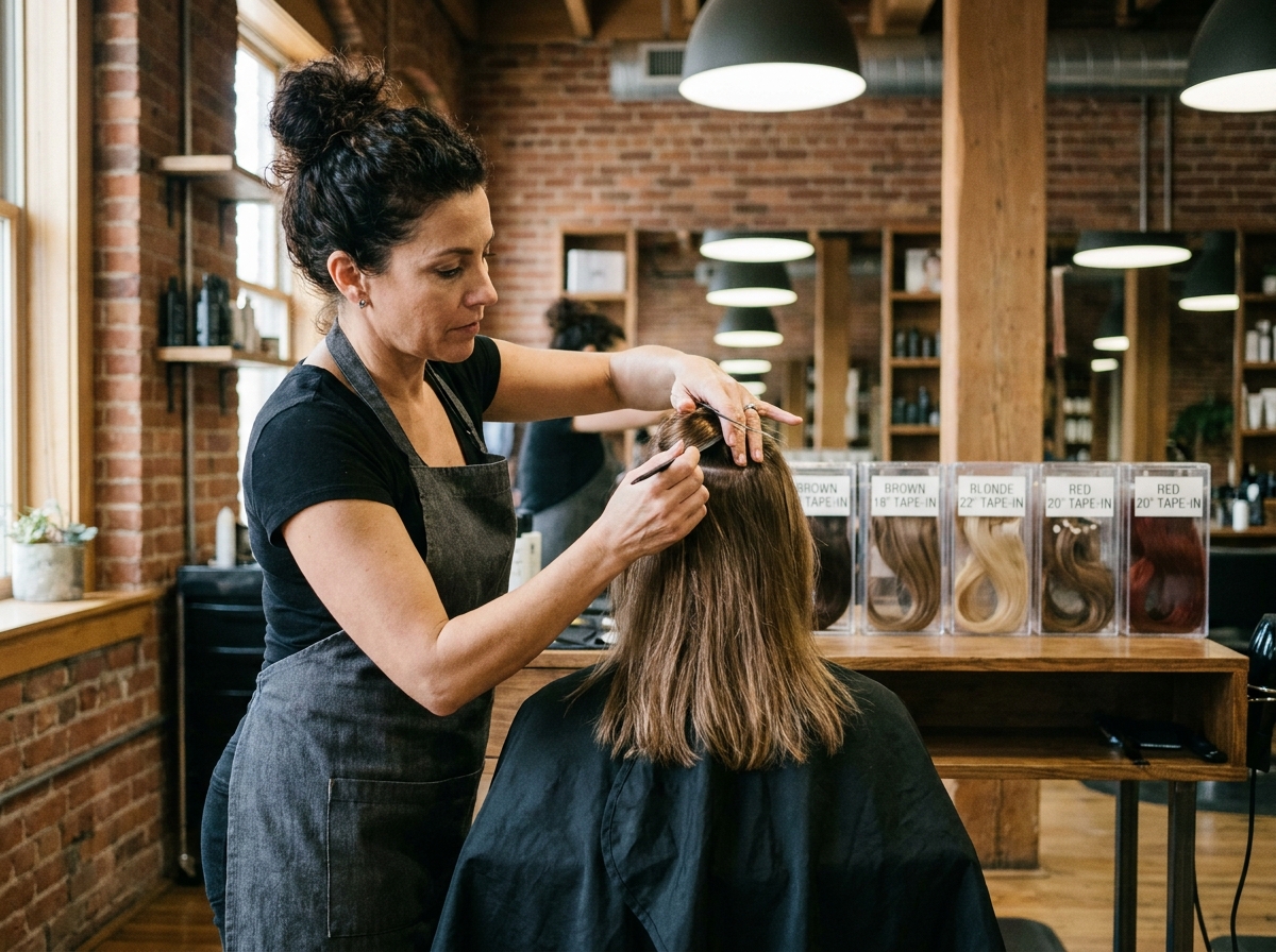 Coiffeuse professionnelle préparant la pose d'extensions adhésives sur une cliente dans un salon haut de gamme