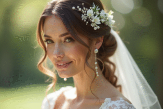 Coiffure de mariée avec fleurs naturelles en extérieur