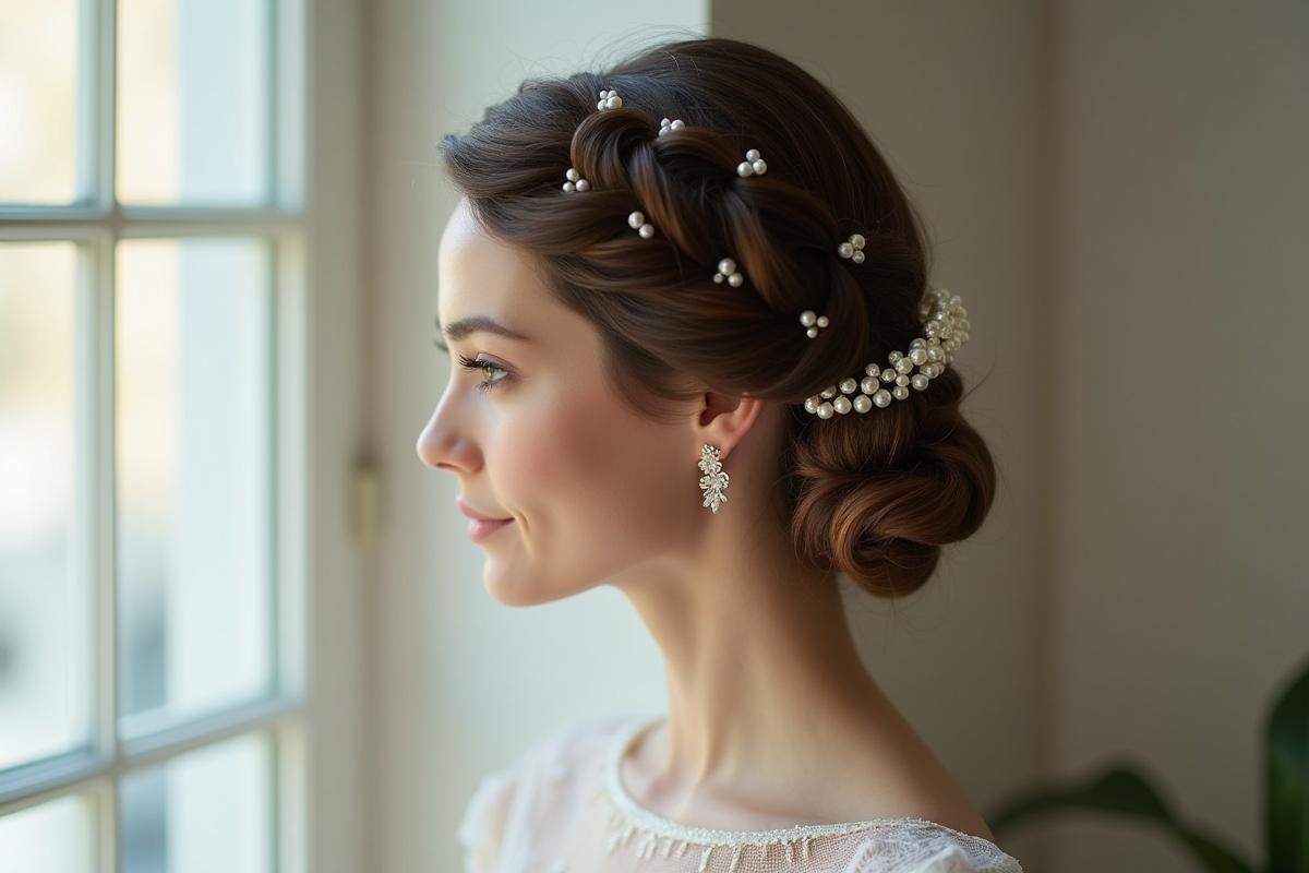 Coiffure de mariée avec tresse et perles en intérieur