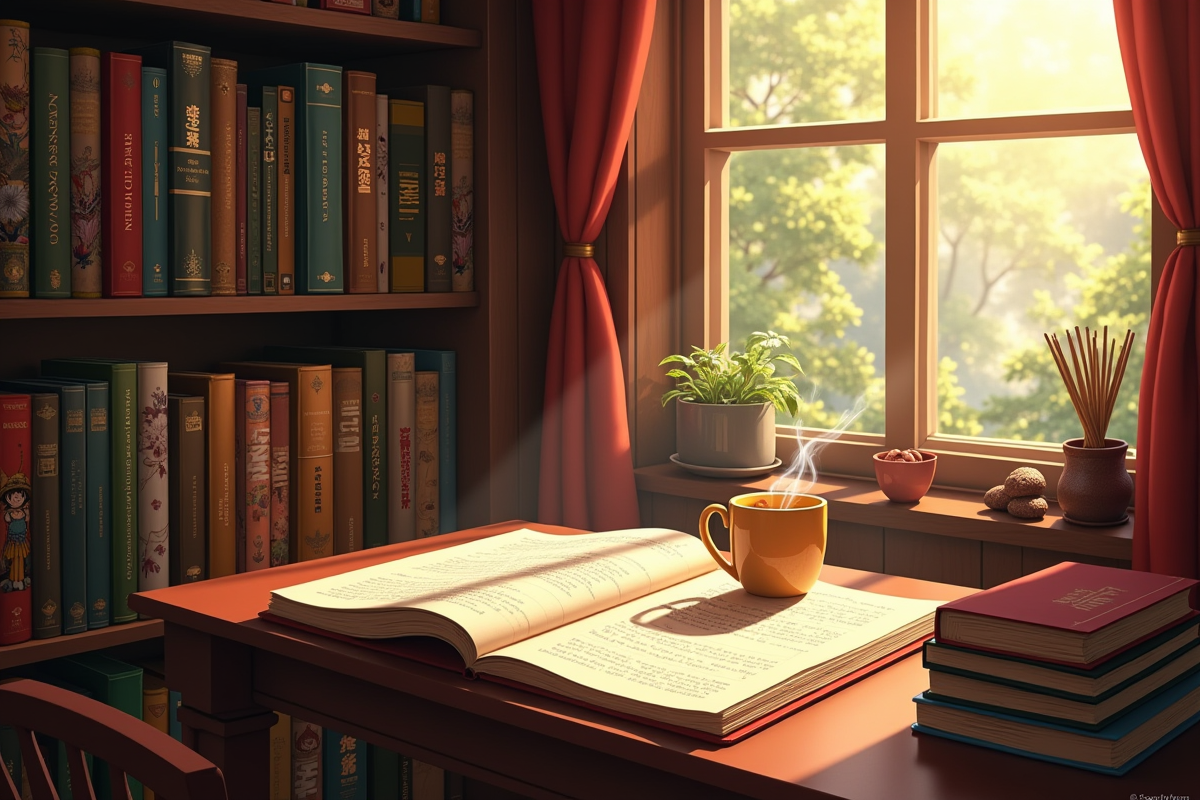 Coin lecture avec mangas One Piece et tasse de thé chaude