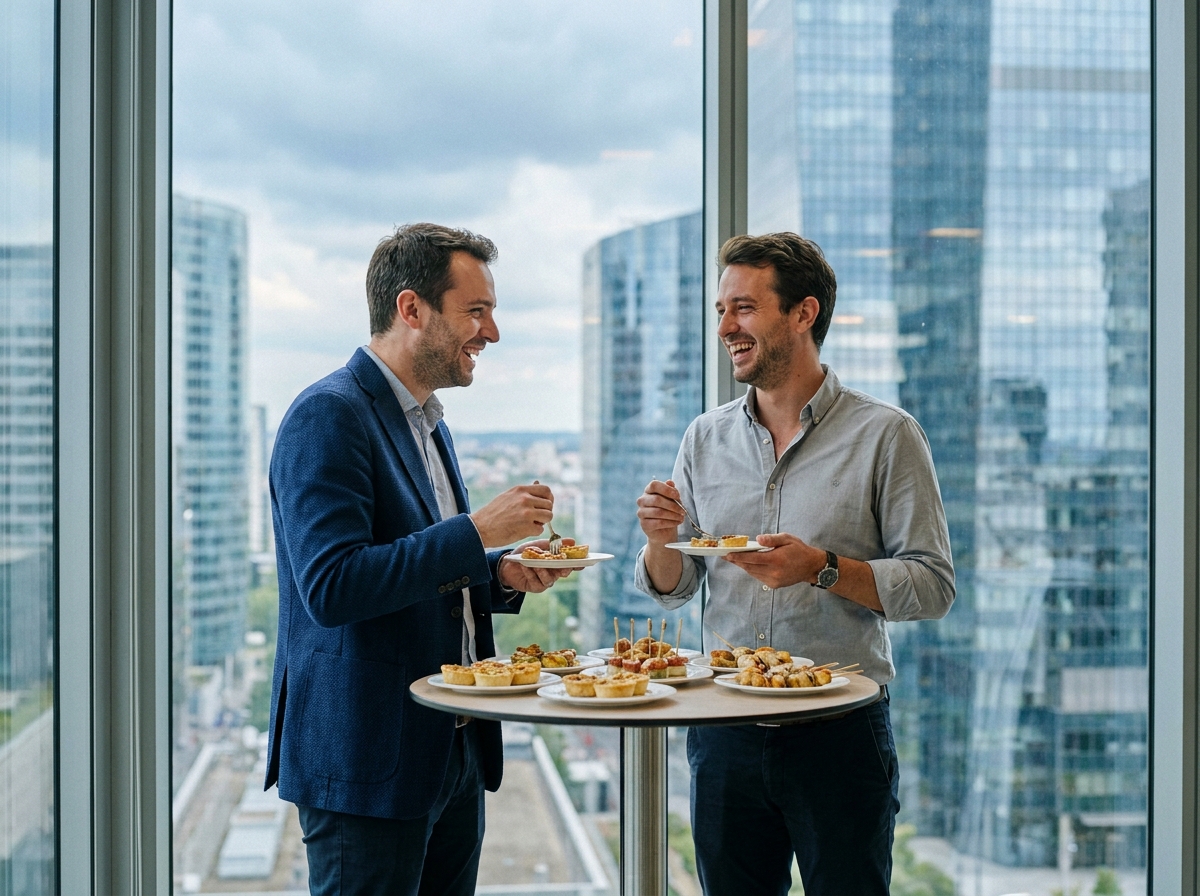 Deux collègues souriants échangeant lors d'une pause buffet professionnelle dans un immeuble de bureaux de la Défense