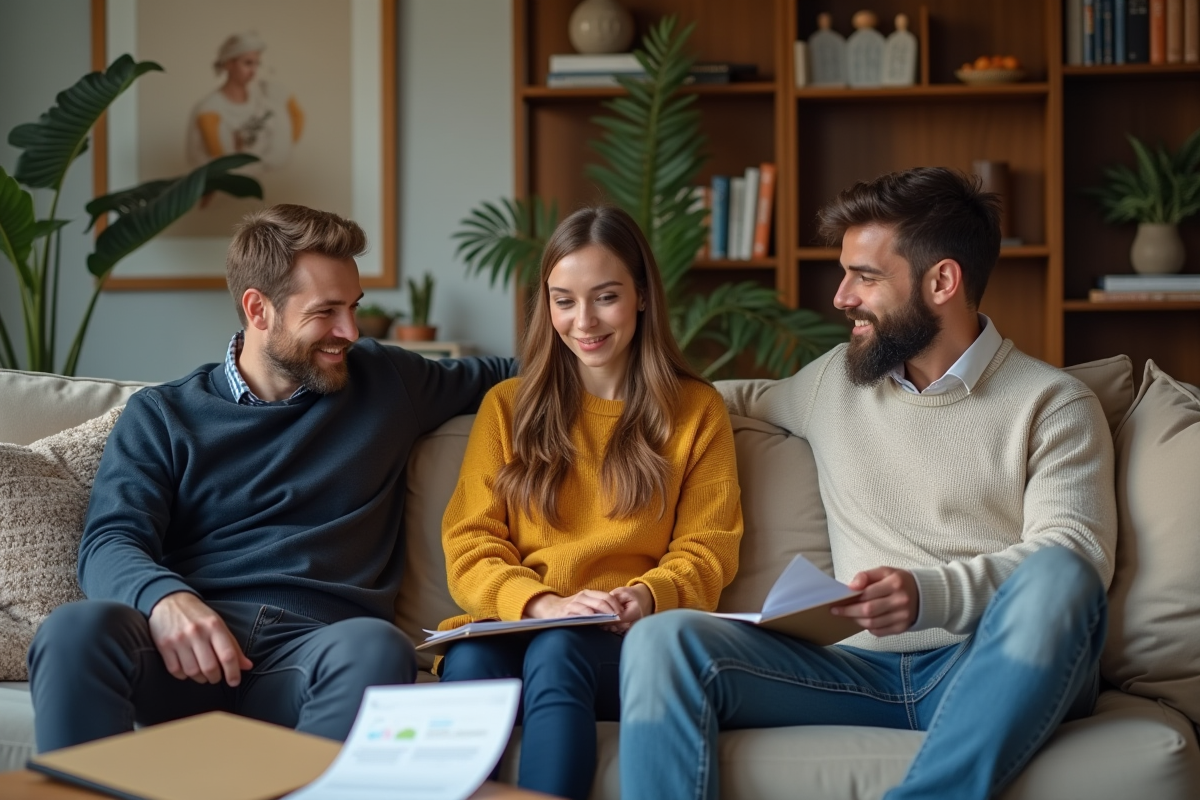 Trois colocataires discutant dans un salon chaleureux avec documents et plantes