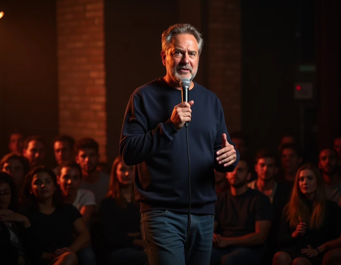 Comédien sur scène dans un club de stand-up face à un public aux réactions contrastées lors d'une blague controversée