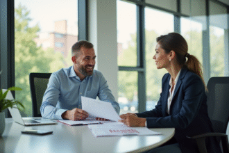 Conseiller en prêt immobilier discutant avec des clients dans un bureau lumineux