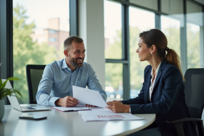 Conseiller en prêt immobilier discutant avec des clients dans un bureau lumineux