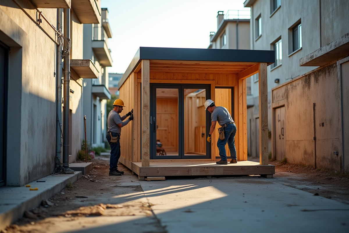Deux ouvriers assemblent une micromaison moderne en ville