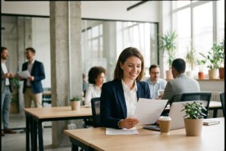 Consultante indépendante en portage salarial signant un contrat dans un espace de coworking moderne