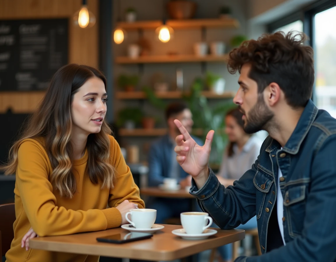 Deux amis dans un café parisien lors d'une conversation maladroite sur l'humour et le politiquement correct