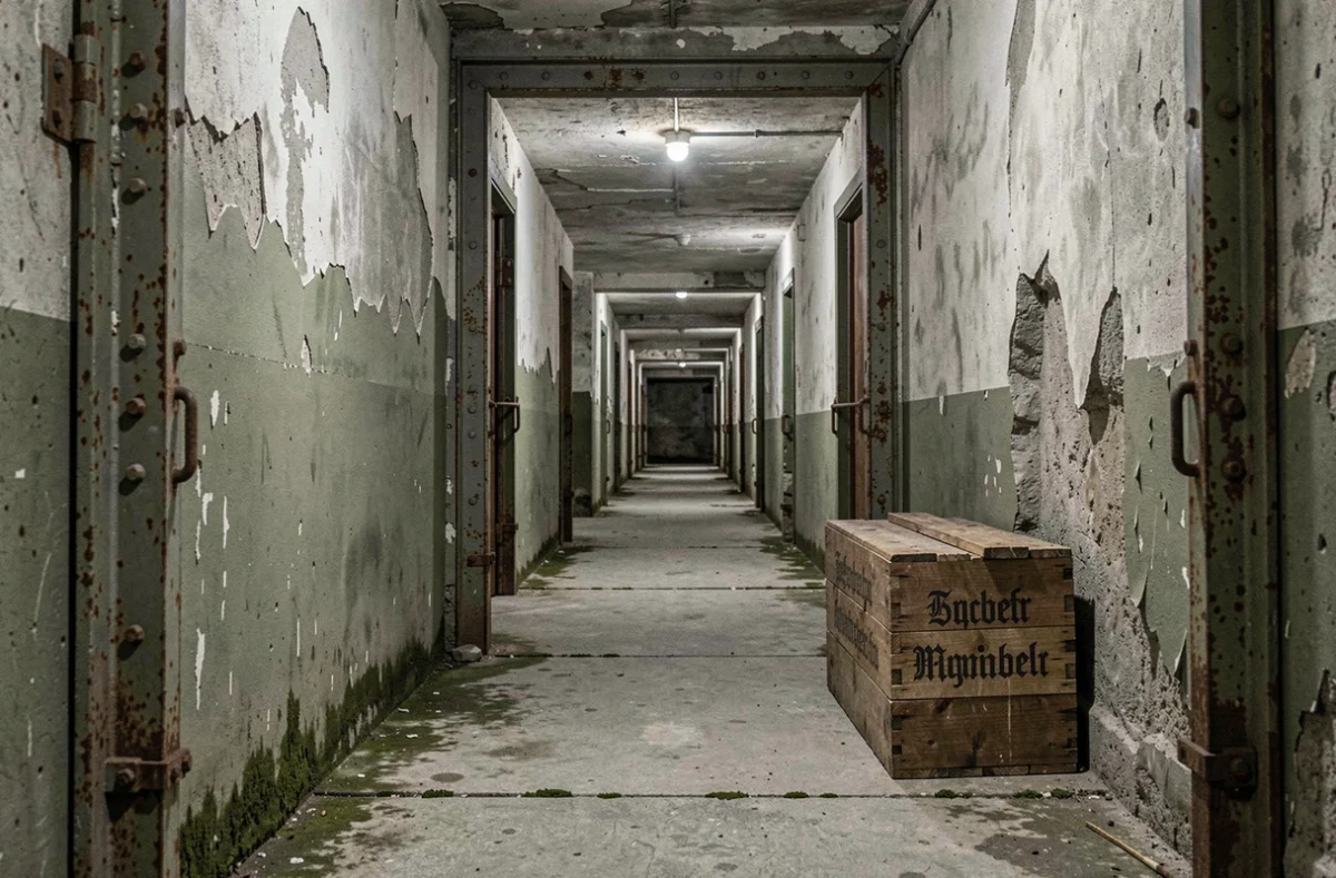 Couloir intérieur d'un bunker souterrain en béton de la Seconde Guerre mondiale partiellement restauré, avec portes métalliques rouillées et caisses en bois estampillées