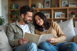 Couple dans le salon lisant un livret d'adoption