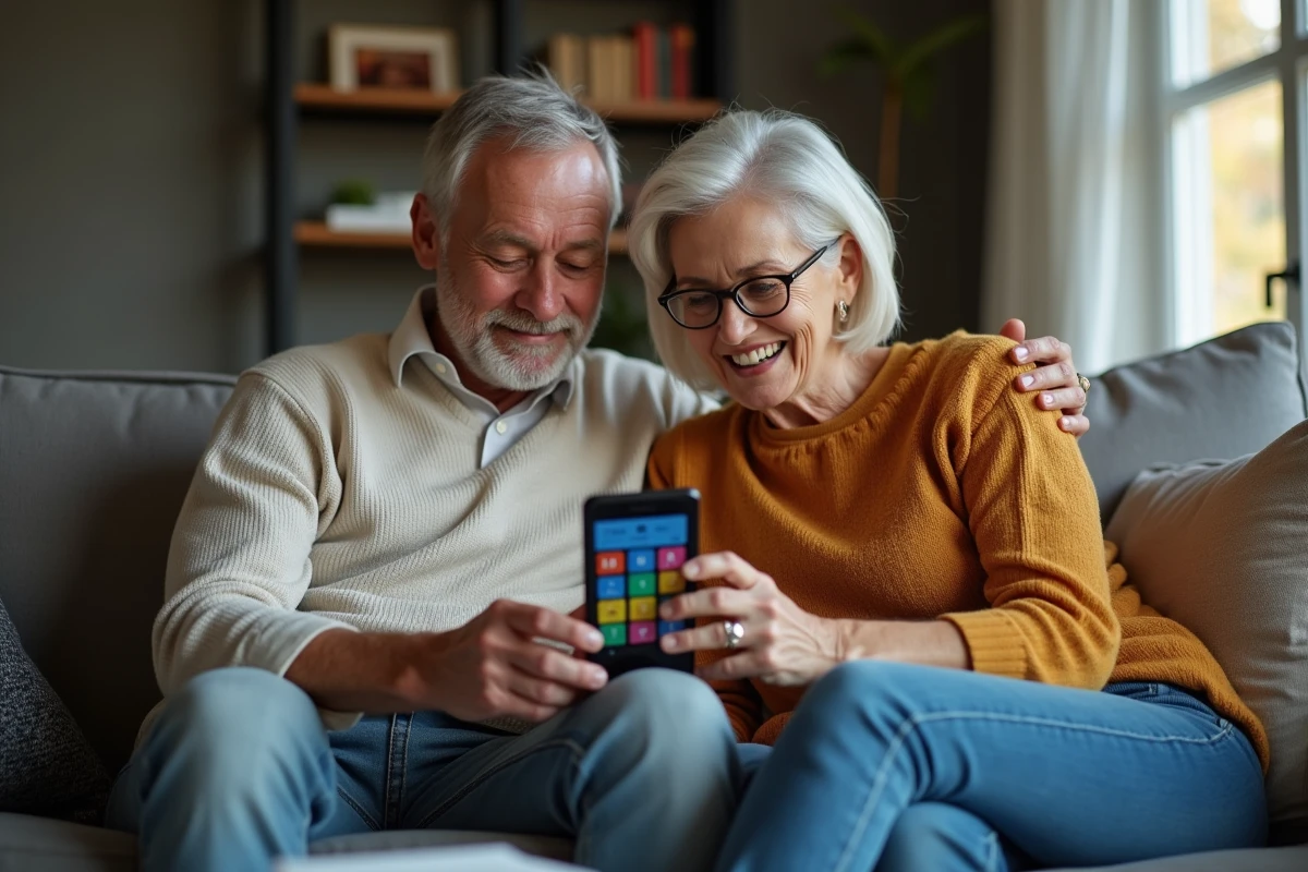 Couple d'adultes résolvant ensemble un mot de 9 lettres sur le jeu 4 images 1 mot en mode rapide