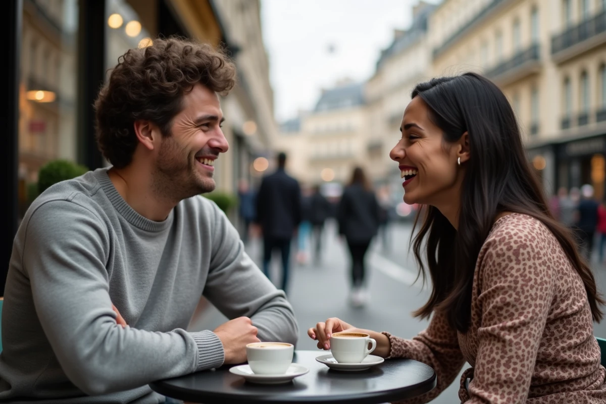 Couple détendu partageant un café en terrasse à Paris dans une ambiance bistrot authentique