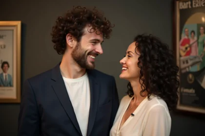 Couple complice dans les coulisses d'un studio de télévision française, souriant naturellement ensemble