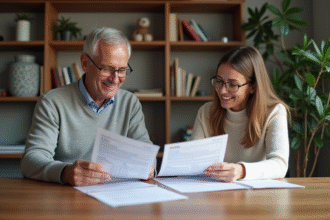 Couple d'adultes lisant des documents fiscaux dans un intérieur cosy