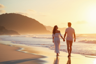 Couple heureux marchant sur la plage au lever du soleil