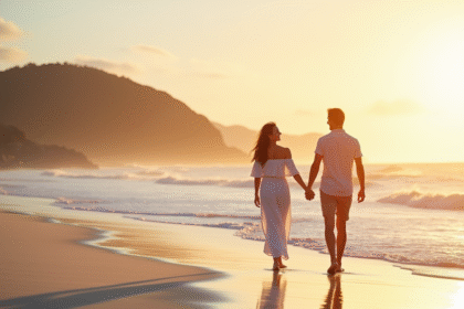 Couple heureux marchant sur la plage au lever du soleil