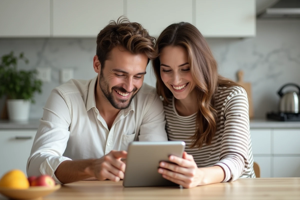 Couple découvrant ensemble les avantages et récompenses de Monopoly Go sur une tablette dans une cuisine moderne