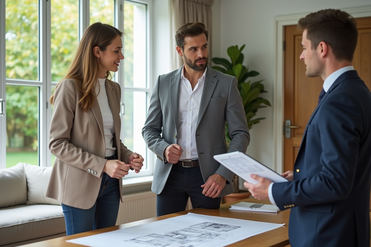 Jeune couple discutant avec un notaire dans un salon lumineux