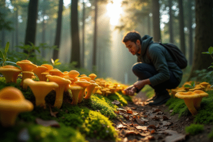 Personne cueillant des chanterelles dans une forêt verte en matinée