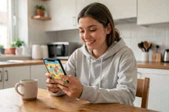 Jeune femme débutante jouant à Monopoly GO sur smartphone dans une cuisine moderne pour obtenir des liens gratuits