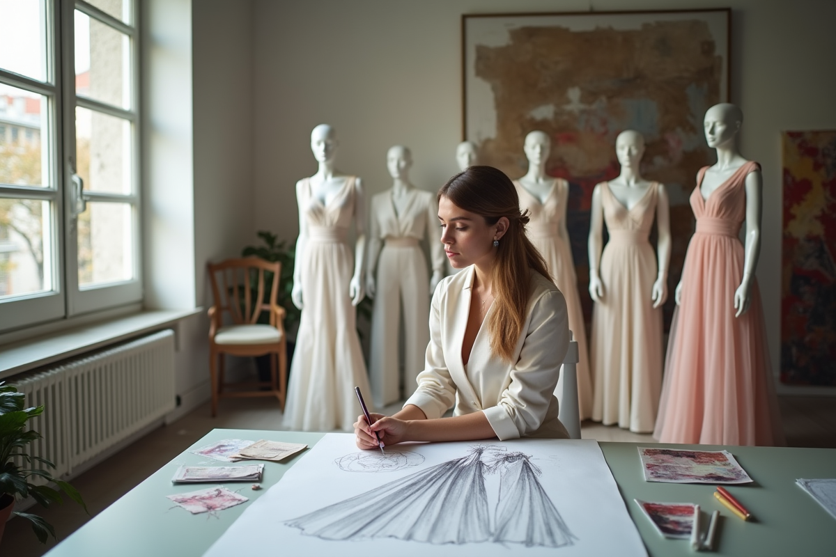 Créateur de mode français dans un studio moderne avec croquis
