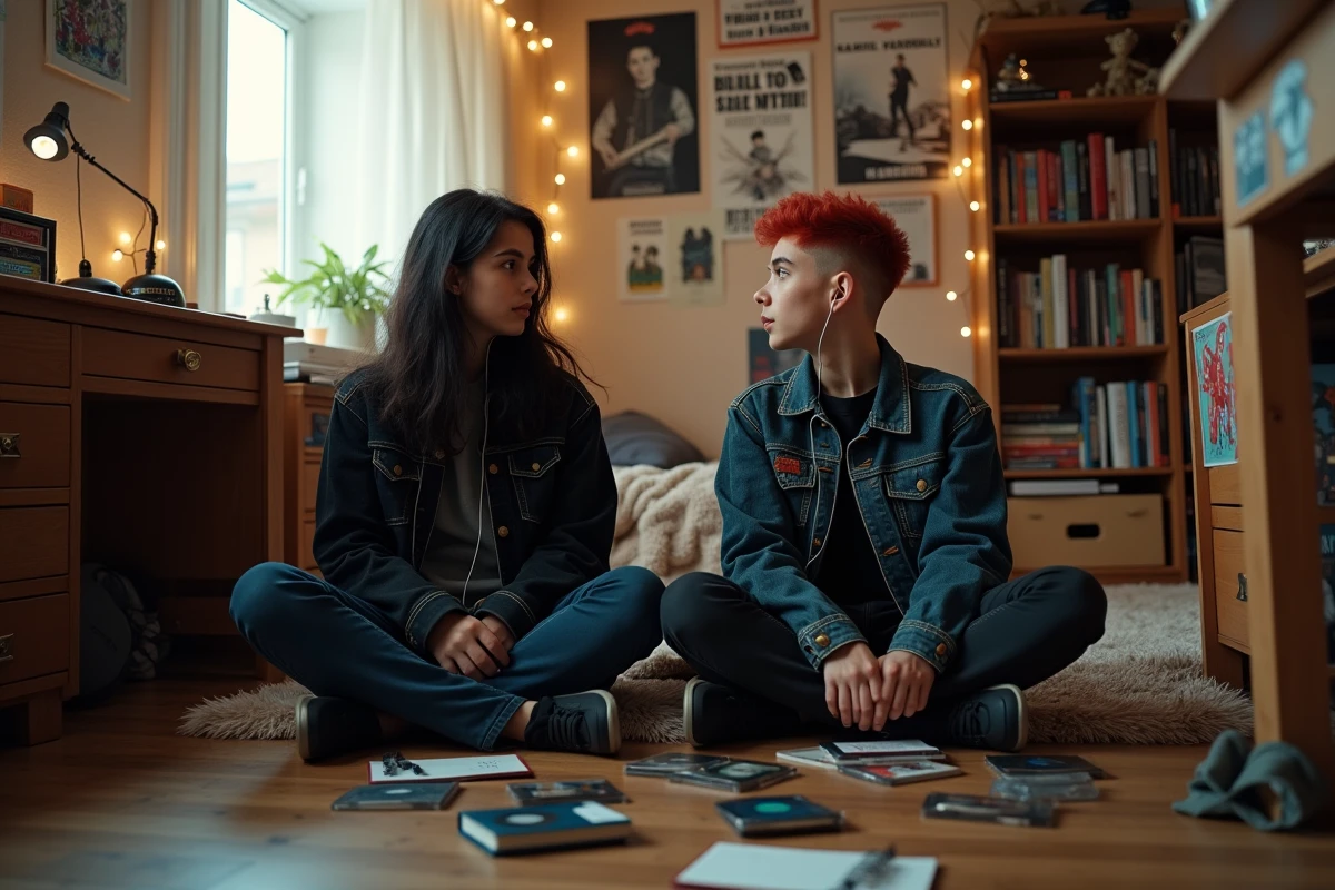 Deux adolescents au style emo écoutant de la musique ensemble dans une chambre décorée de posters de groupes alternatifs, entourés de CD et de carnets de paroles