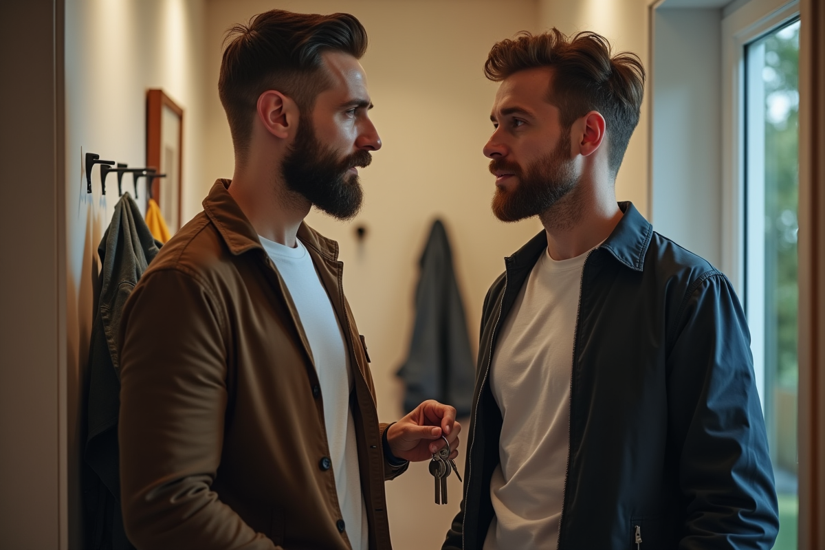 Deux hommes discutant dans le couloir d