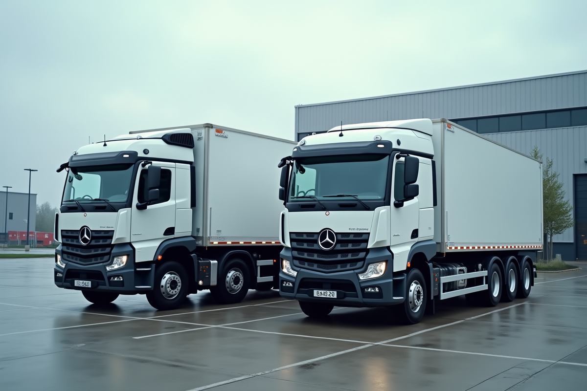 Deux camions de 20m3 côte à côte dans un parking industriel
