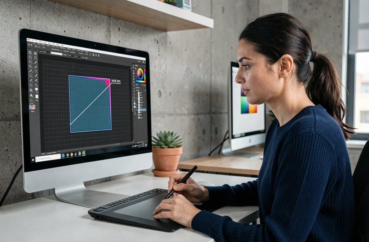 Graphiste calculant la diagonale d'un rectangle en pixels sur un logiciel de design affiché sur un grand écran d'ordinateur