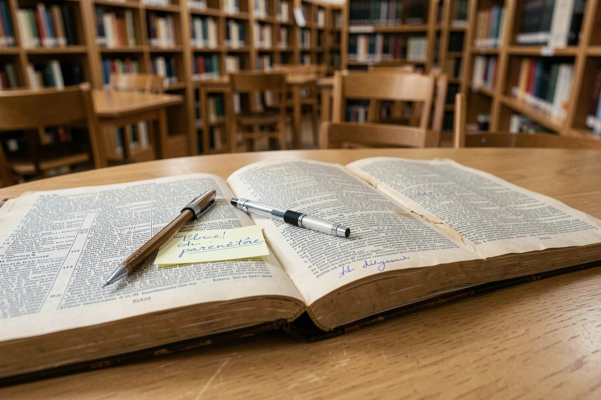 Dictionnaire et livre de grammaire français ouverts avec une note manuscrite sur l'orthographe du mot parenthèse