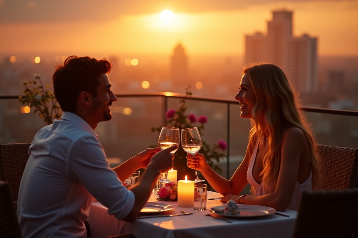 Dîner romantique aux chandelles sur un toit en ville