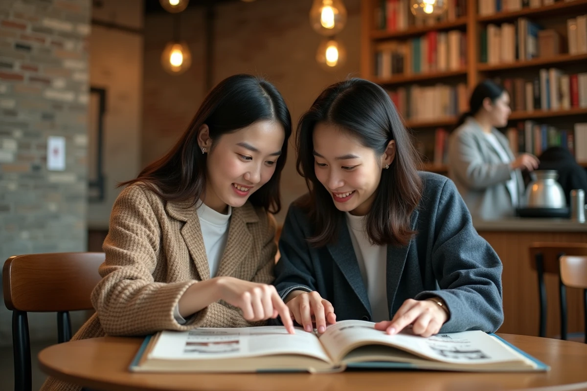 Deux amis discutant de l'intrigue d'un manhwa autour d'un café dans une librairie-café