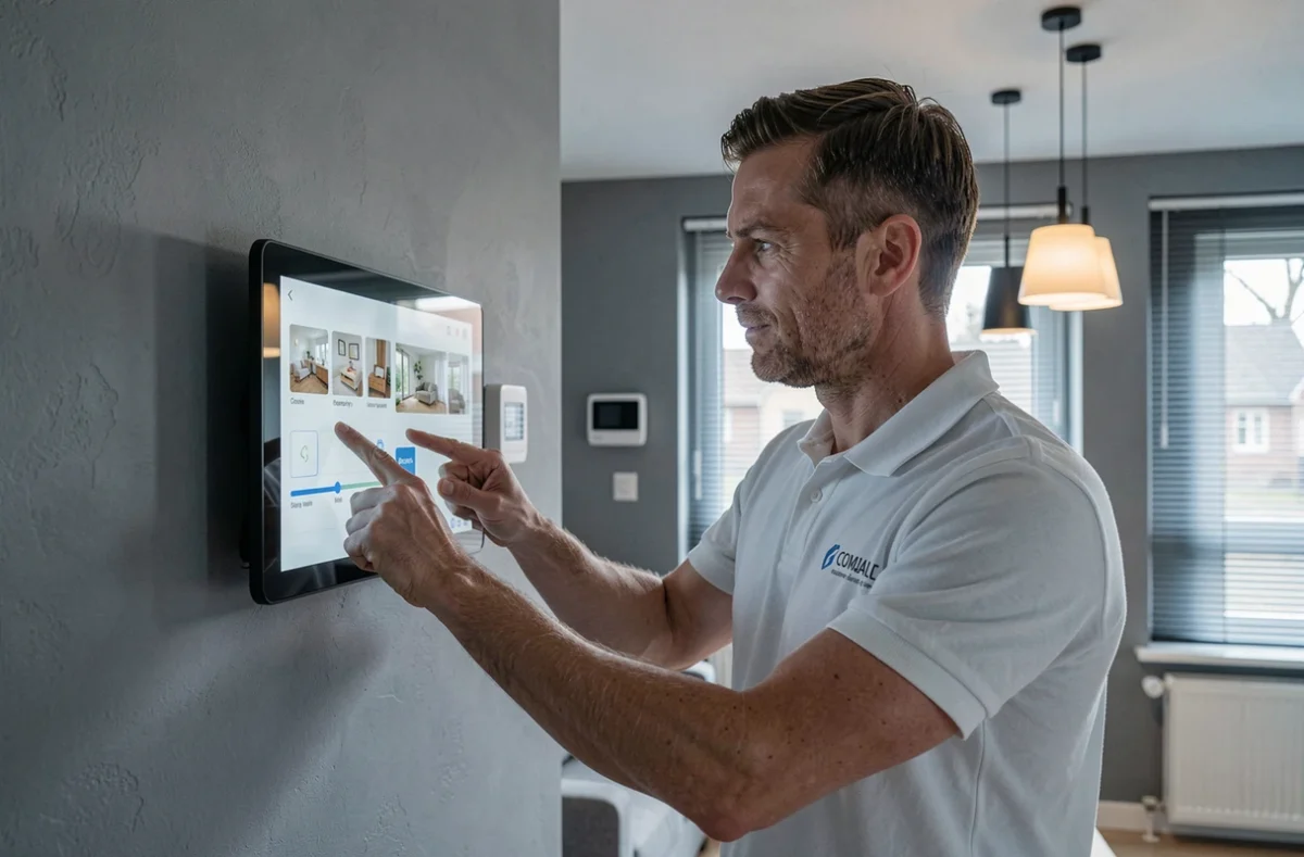 Technicien de Domodesign configurant un système domotique dans un salon moderne à Pfastatt