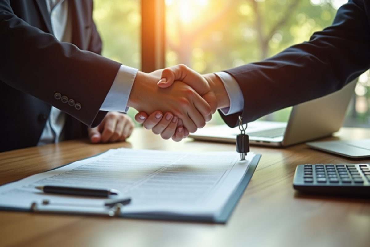 Main échangeant un contrat avec des clés de maison sur une table ensoleillée
