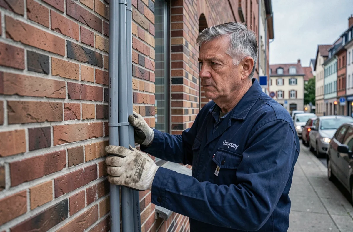 Électricien d'EGS Electricité posant des conduits sur la façade d'un bâtiment commercial à Mulhouse