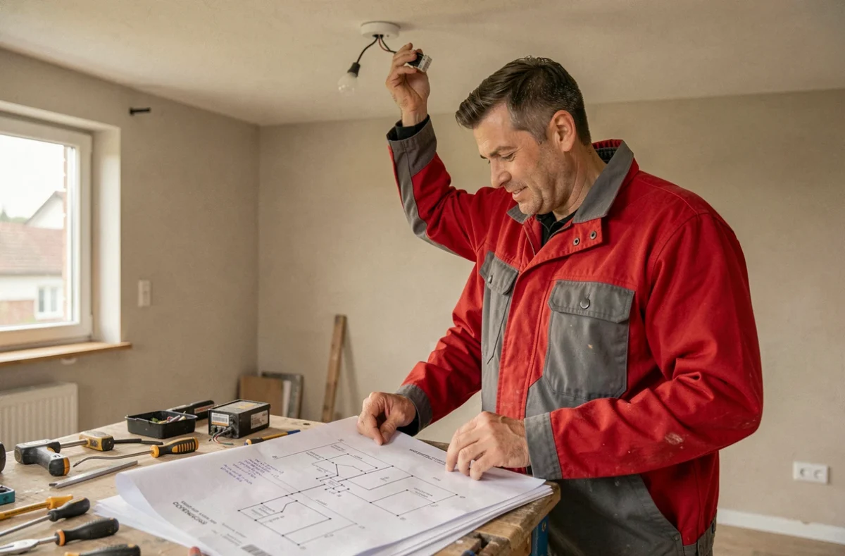 Électricien polyvalent d'Elec 2000 installant un luminaire et consultant des plans techniques dans le Haut-Rhin
