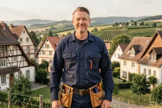 Électricien professionnel dans le Haut-Rhin devant un paysage alsacien traditionnel avec maisons à colombages