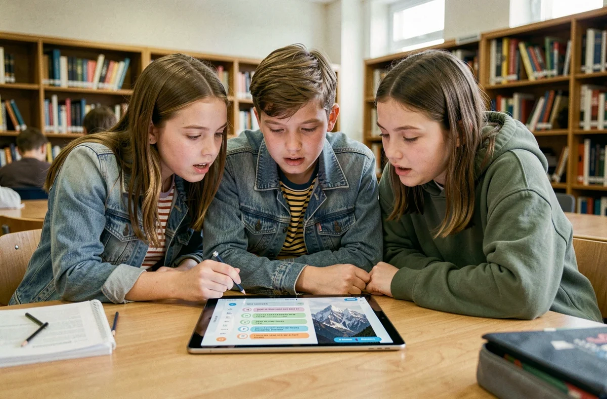 Groupe d'élèves qui font un quiz interactif sur les plus hautes montagnes du monde dans une bibliothèque scolaire