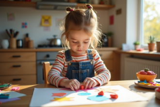 Jeune fille créative collant des formes colorées