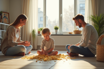 Jeune enfant faisant un désordre dans un salon lumineux avec parents souriants