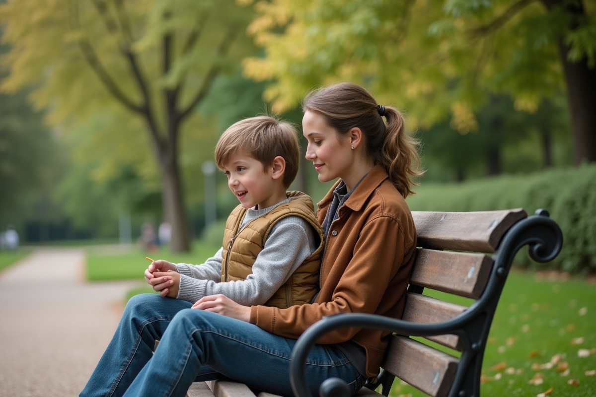 Fille et garçon discutant sur un banc dans un parc