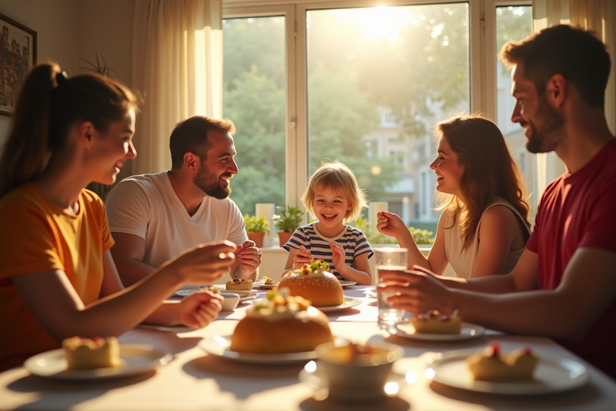 Enfant interrompant un dîner familial en prenant un dessert dans une ambiance chaleureuse
