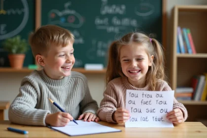Jeunes élèves souriants apprenant le français en classe