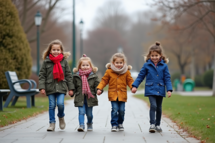 Groupe d'enfants divers jouant dans un parc urbain