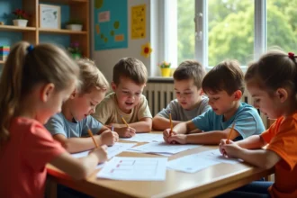 Groupe d'enfants remplissant un quiz sur la Terre à l'école
