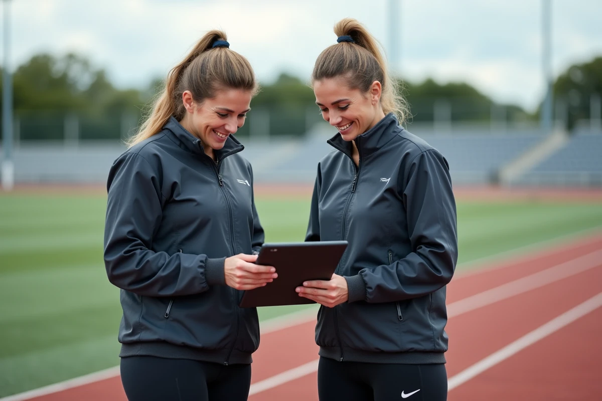 Deux entraîneuses sportives examinant des résultats en extérieur