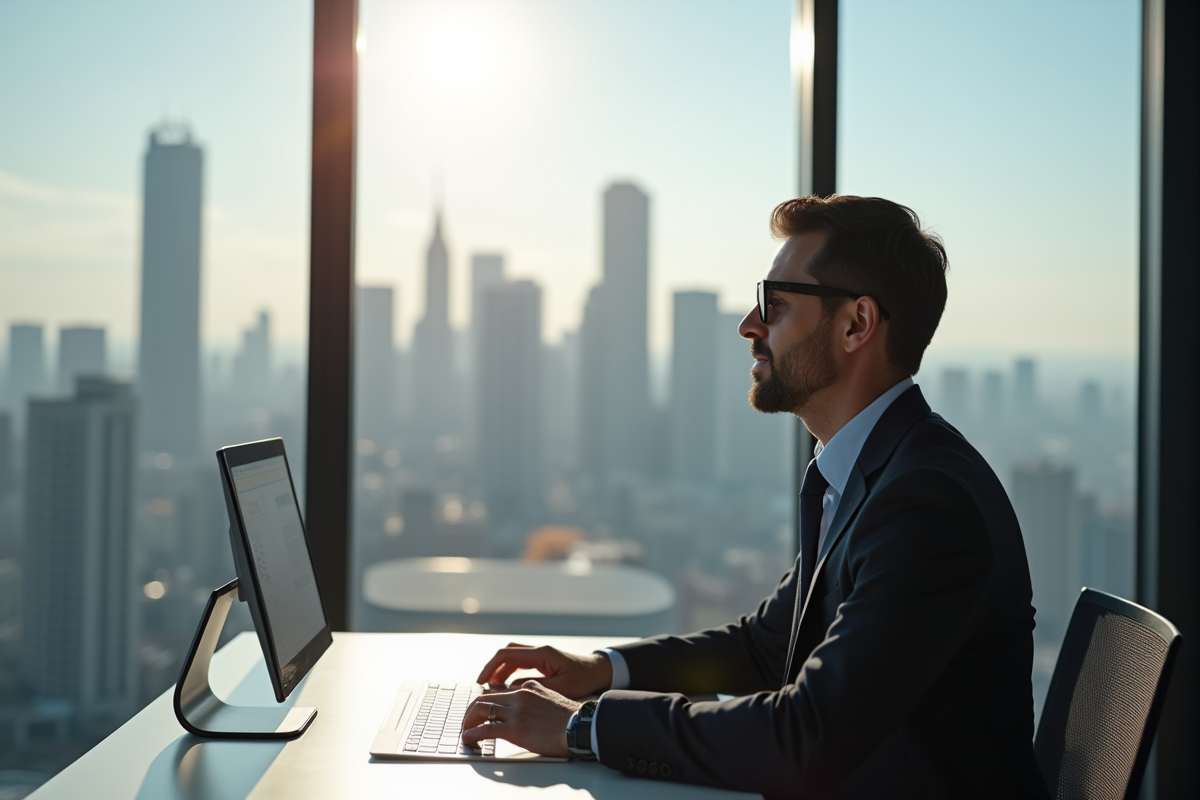 Entrepreneur dans un bureau moderne avec vue sur la ville