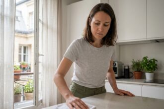 Femme entretenant un plan de travail de cuisine moderne dans un appartement parisien, illustrant les bonnes habitudes de nettoyage à domicile