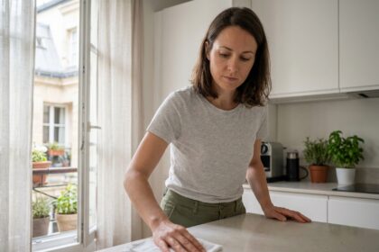 Femme entretenant un plan de travail de cuisine moderne dans un appartement parisien, illustrant les bonnes habitudes de nettoyage à domicile