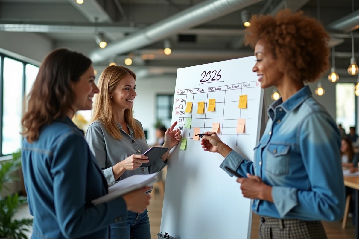 Équipe professionnelle planifiant les semaines impaires 2026 sur un tableau blanc dans un espace de travail collaboratif